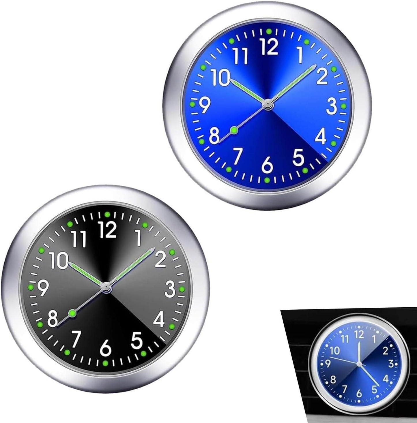 2 PCS Stick on Dashboard Car Clocks, Luminous Digital & Analog Quartz Mini Clock, Alloy Anti-Rust Round Watch, Self-Adhesive Interior Decoration for Most Cars Trucks SUVs (Black & Blue)