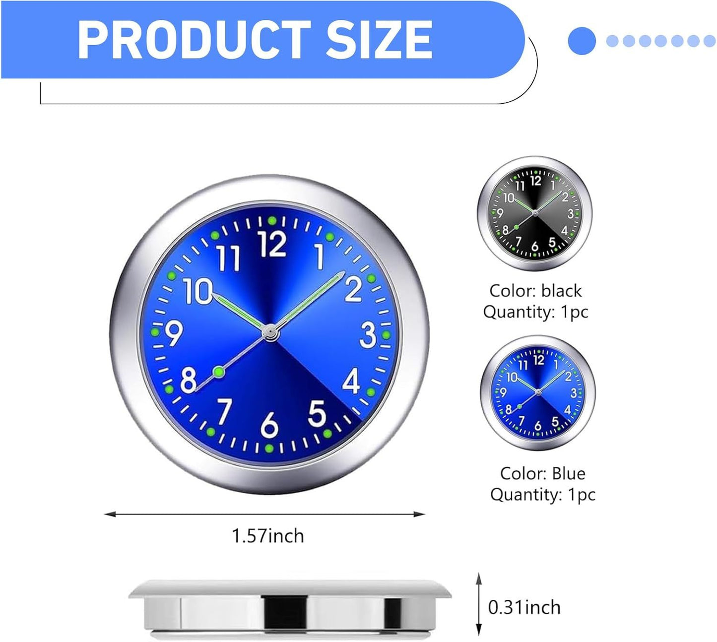 2 PCS Stick on Dashboard Car Clocks, Luminous Digital & Analog Quartz Mini Clock, Alloy Anti-Rust Round Watch, Self-Adhesive Interior Decoration for Most Cars Trucks SUVs (Black & Blue)