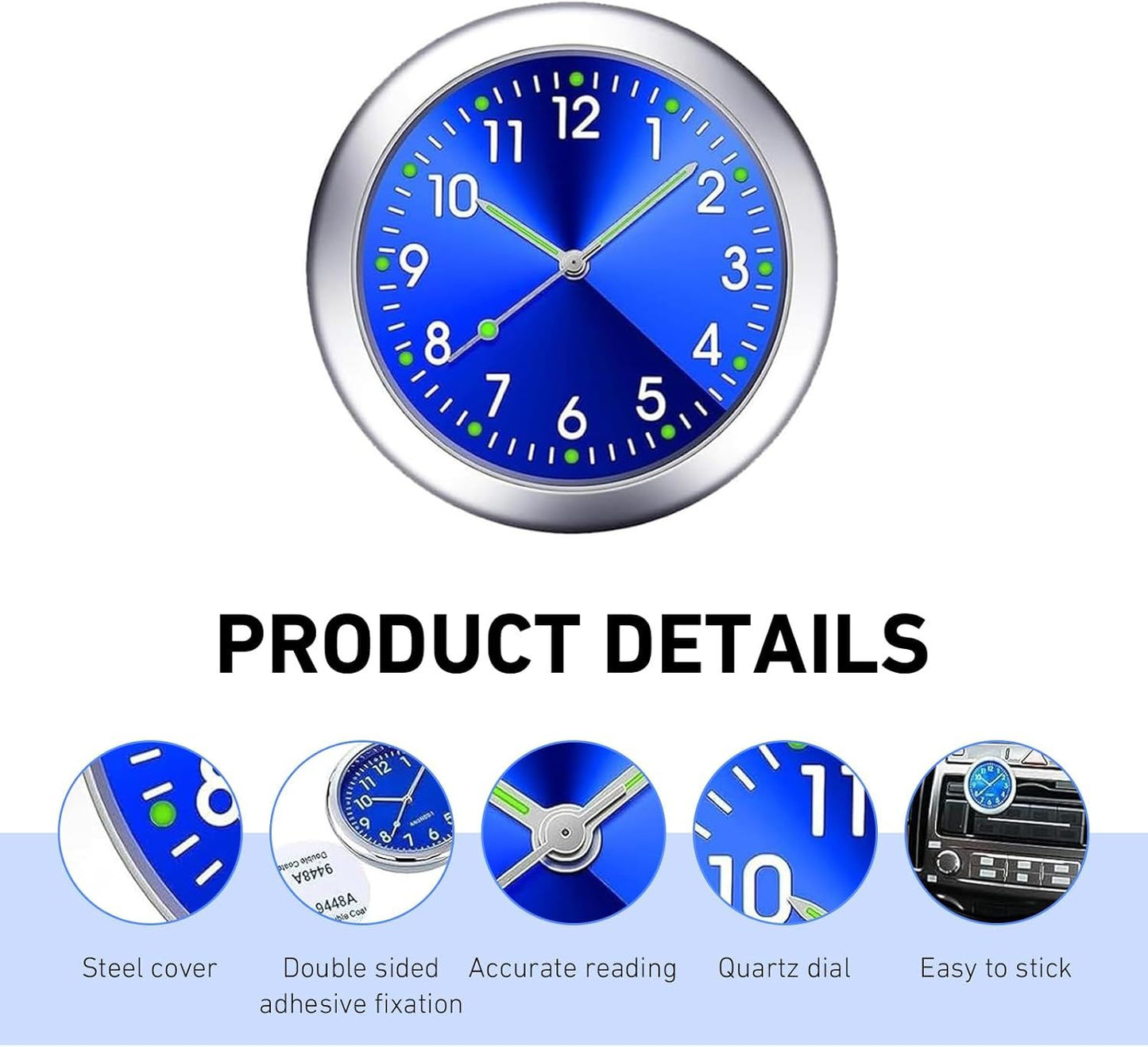 2 PCS Stick on Dashboard Car Clocks, Luminous Digital & Analog Quartz Mini Clock, Alloy Anti-Rust Round Watch, Self-Adhesive Interior Decoration for Most Cars Trucks SUVs (Black & Blue)