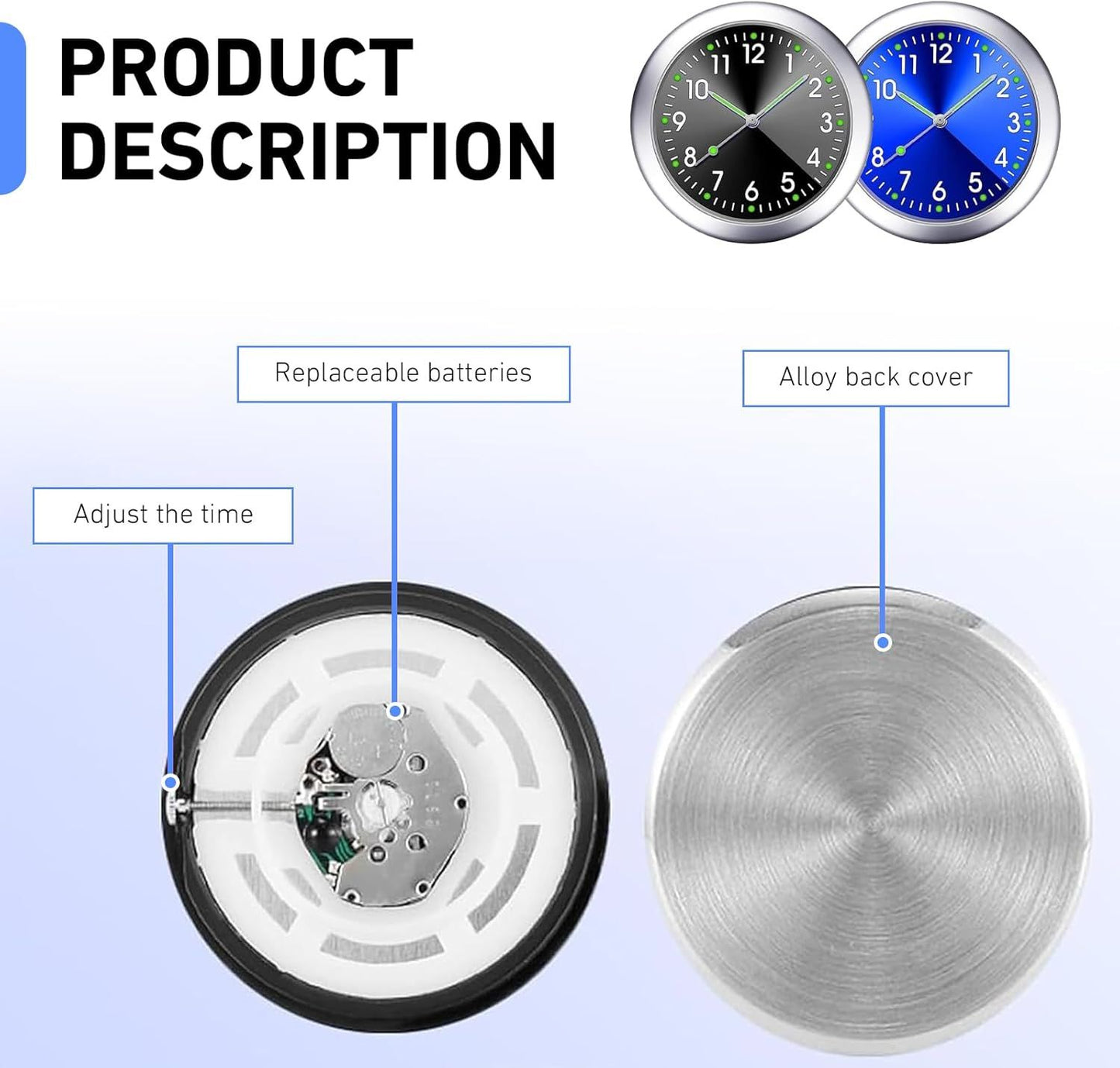 2 PCS Stick on Dashboard Car Clocks, Luminous Digital & Analog Quartz Mini Clock, Alloy Anti-Rust Round Watch, Self-Adhesive Interior Decoration for Most Cars Trucks SUVs (Black & Blue)