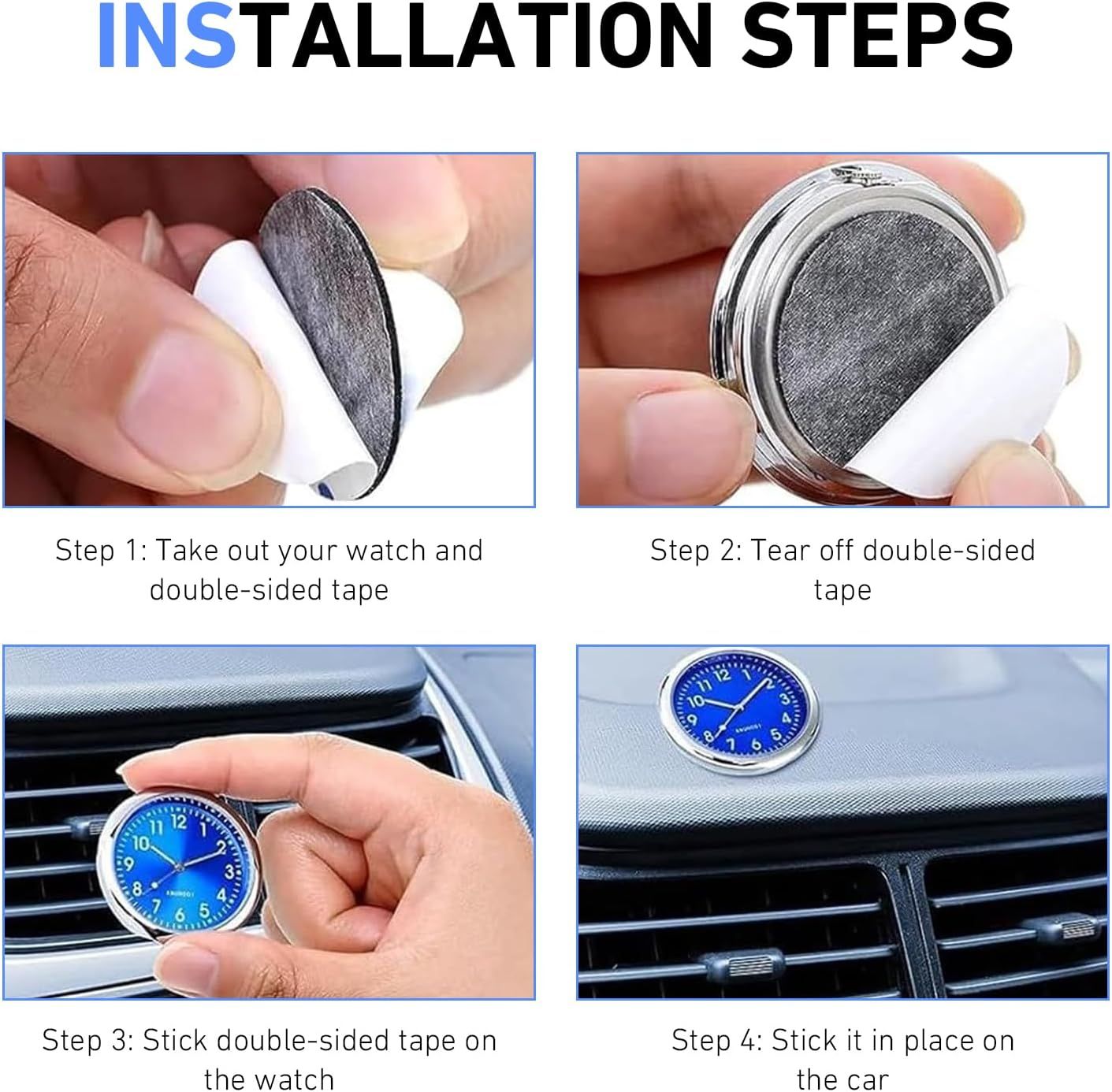2 PCS Stick on Dashboard Car Clocks, Luminous Digital & Analog Quartz Mini Clock, Alloy Anti-Rust Round Watch, Self-Adhesive Interior Decoration for Most Cars Trucks SUVs (Black & Blue)