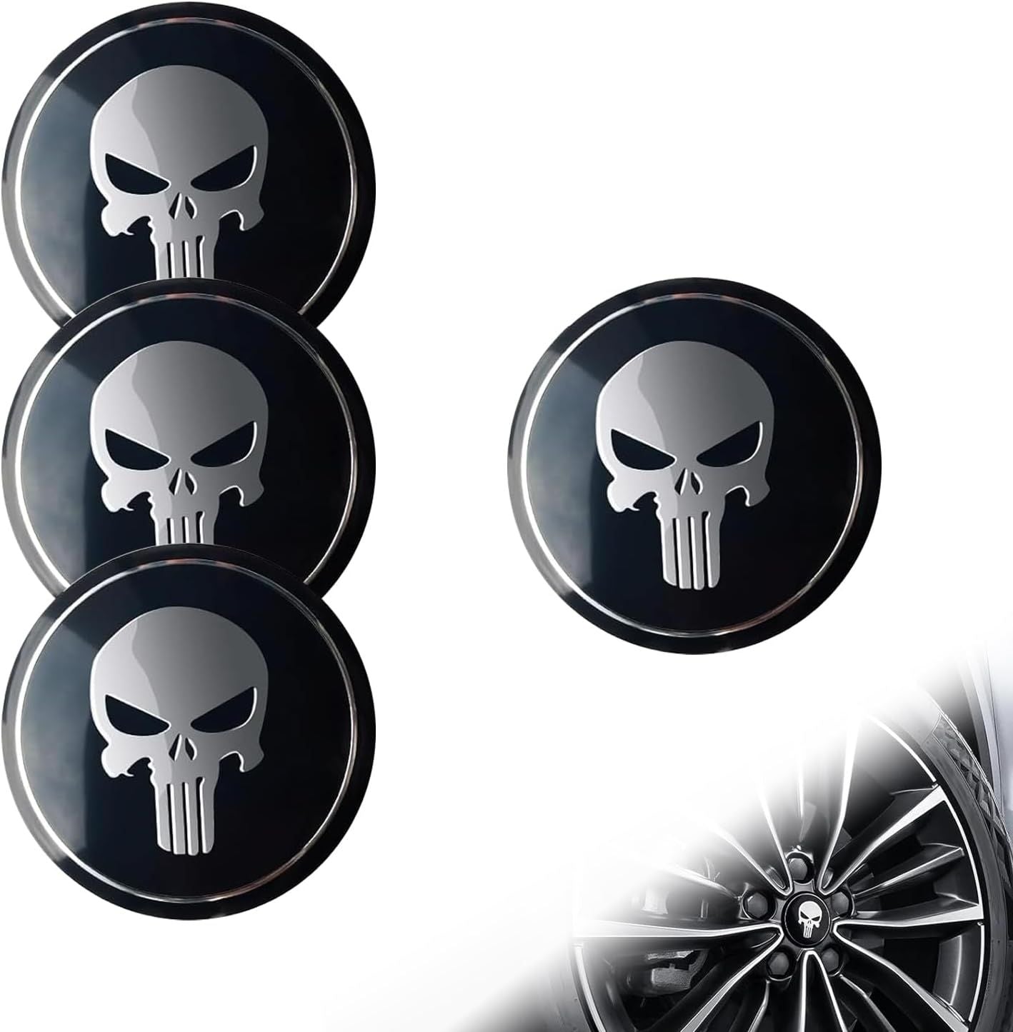 4 PCS Car Wheel Center Caps, 2.24" Cool Personalized Longtooth Skull Wheel Center Hub Cap Cover, Scratch-Resistant Anti-Rust Rim Sticker Accessory, Universal for Cars Tire Trim (Black)