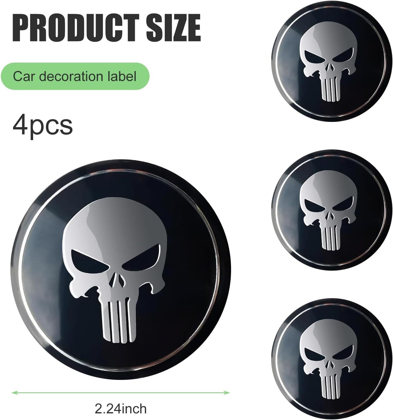 4 PCS Car Wheel Center Caps, 2.24" Cool Personalized Longtooth Skull Wheel Center Hub Cap Cover, Scratch-Resistant Anti-Rust Rim Sticker Accessory, Universal for Cars Tire Trim (Black)