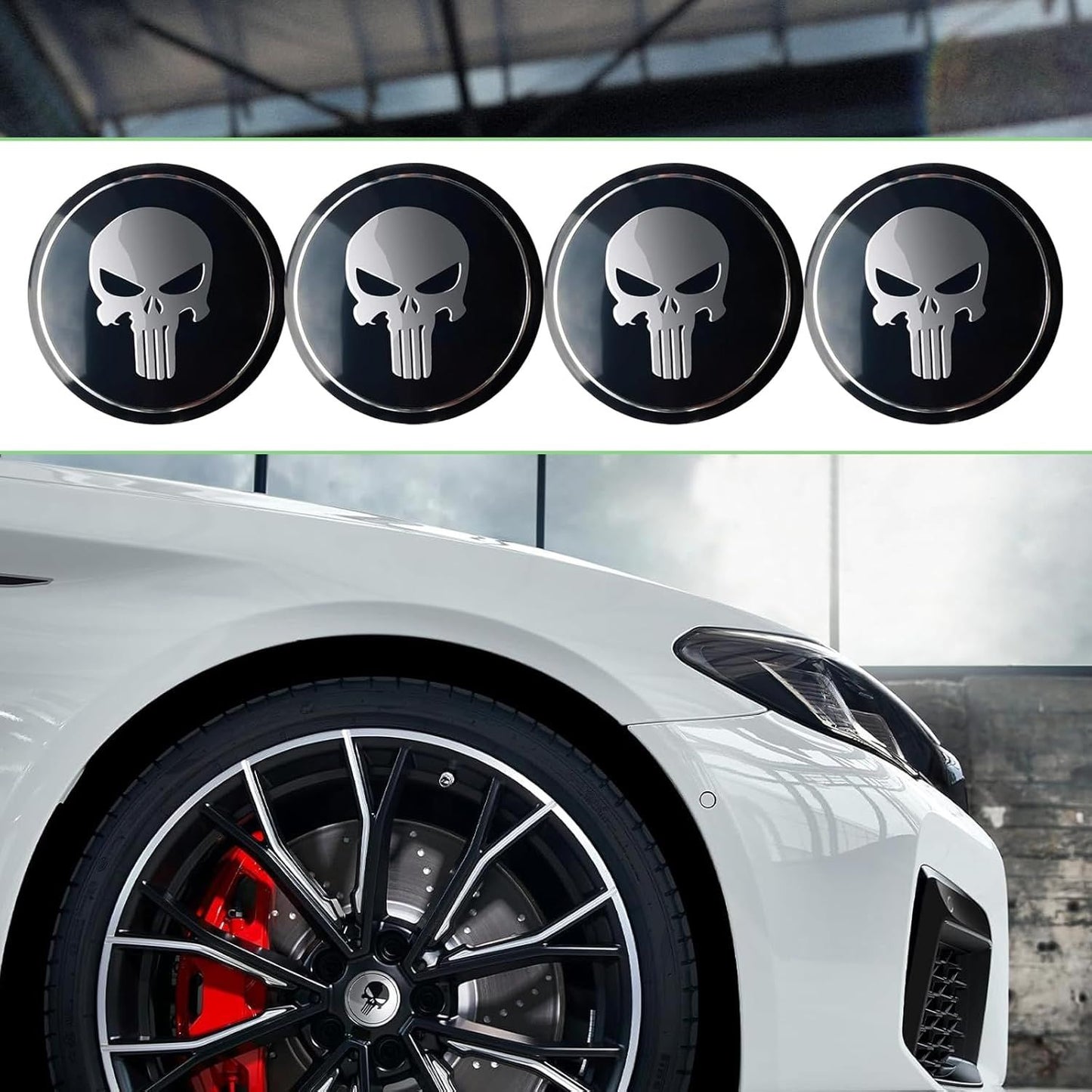 4 PCS Car Wheel Center Caps, 2.24" Cool Personalized Longtooth Skull Wheel Center Hub Cap Cover, Scratch-Resistant Anti-Rust Rim Sticker Accessory, Universal for Cars Tire Trim (Black)