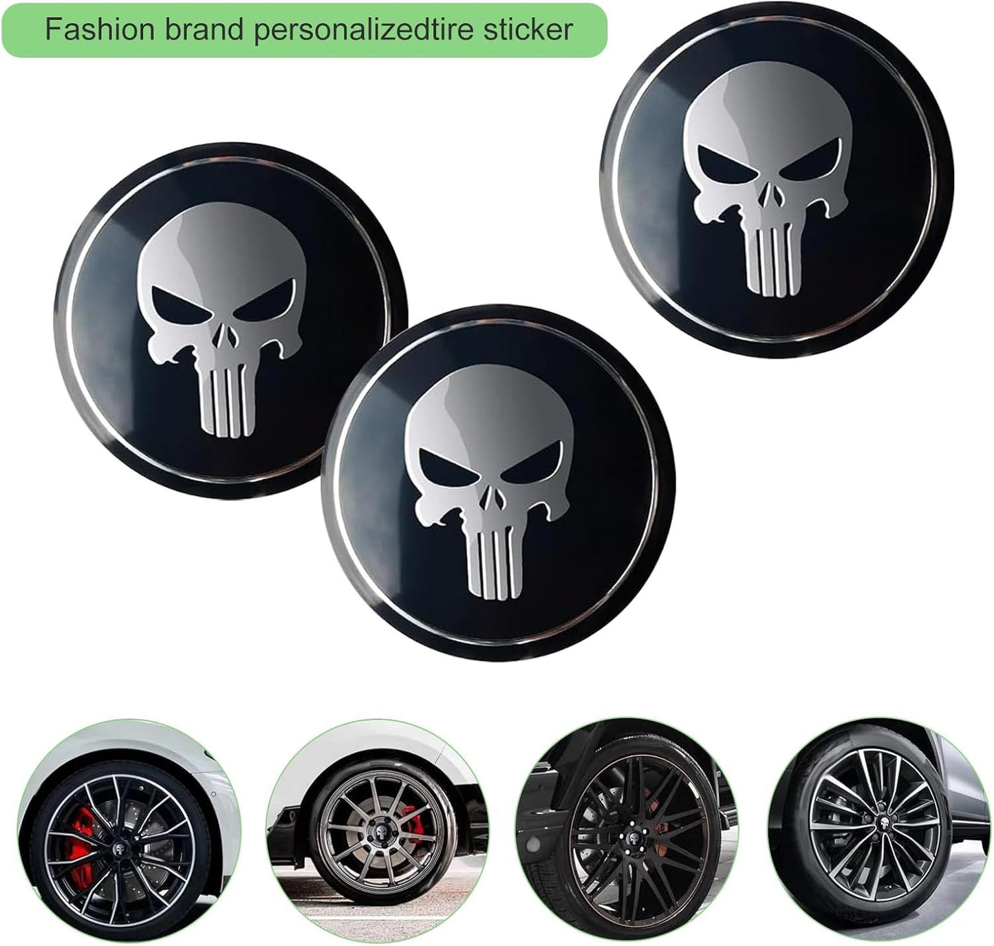 4 PCS Car Wheel Center Caps, 2.24" Cool Personalized Longtooth Skull Wheel Center Hub Cap Cover, Scratch-Resistant Anti-Rust Rim Sticker Accessory, Universal for Cars Tire Trim (Black)