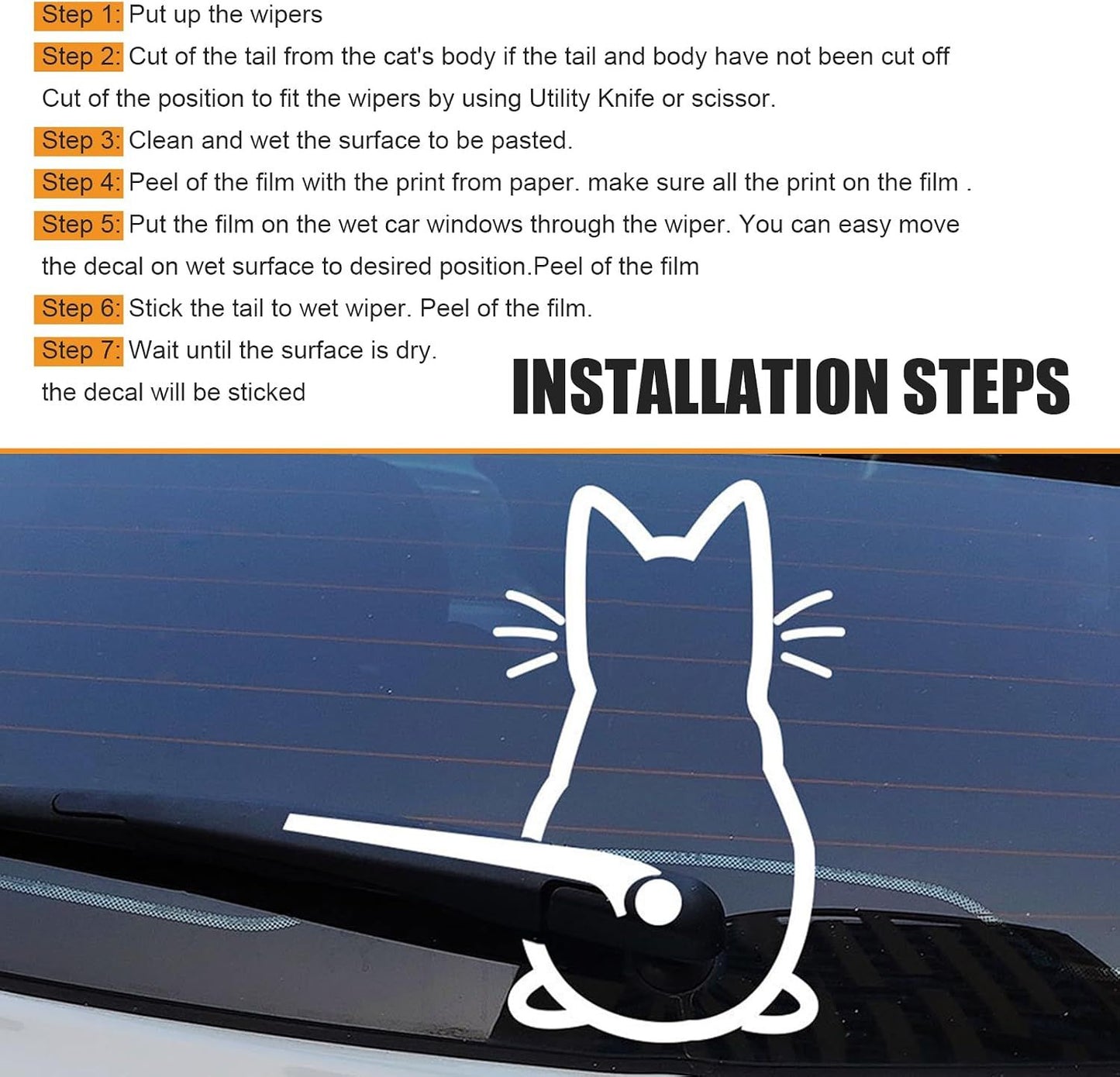Cat Car Windshield Wiper Sticker, Cute Cartoon Tail Wagging Effect Wiper Sticker, Rear Windshield Waterproof Decorative Decal, Self-adhesive Exterior Accessory for Cars (White)