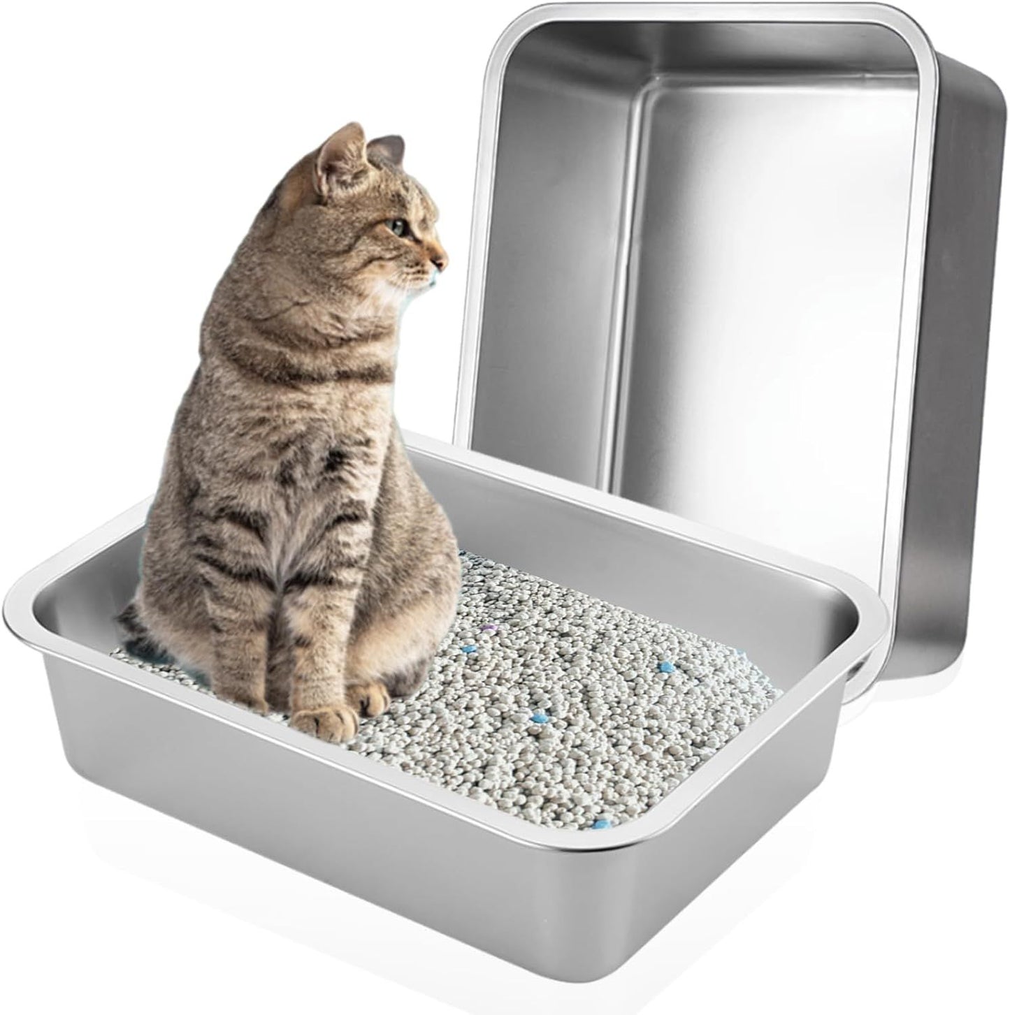 2 Pack Stainless Steel Cat Litter Box - High Side Metal Cats Toilet Large Rust Proof Litter Pan with Non Stick Smooth Surface for Cats, Kitten, Rabbits, 17.5 X 13.5 X 6 Inches