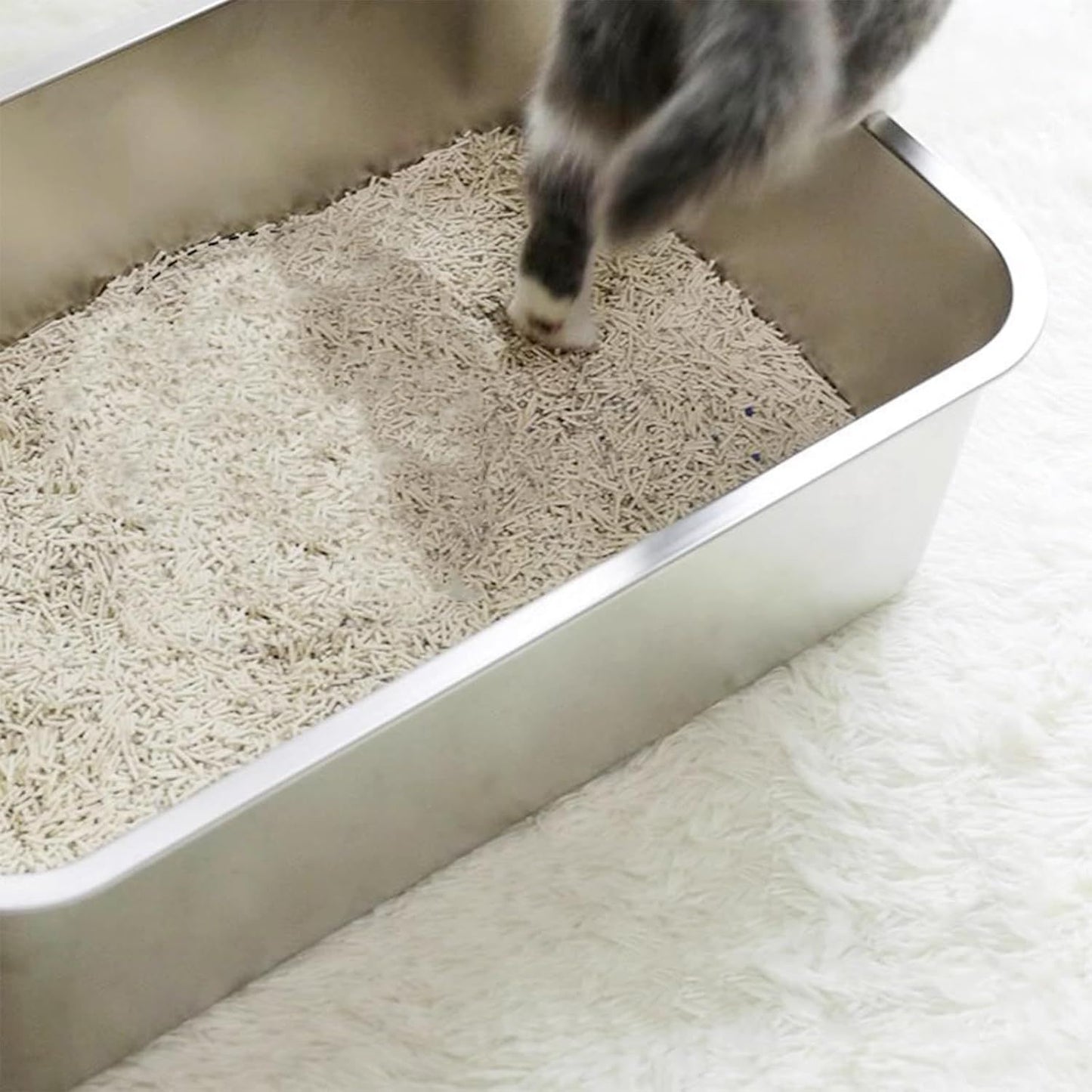 2 Pack Stainless Steel Cat Litter Box - High Side Metal Cats Toilet Large Rust Proof Litter Pan with Non Stick Smooth Surface for Cats, Kitten, Rabbits, 17.5 X 13.5 X 6 Inches