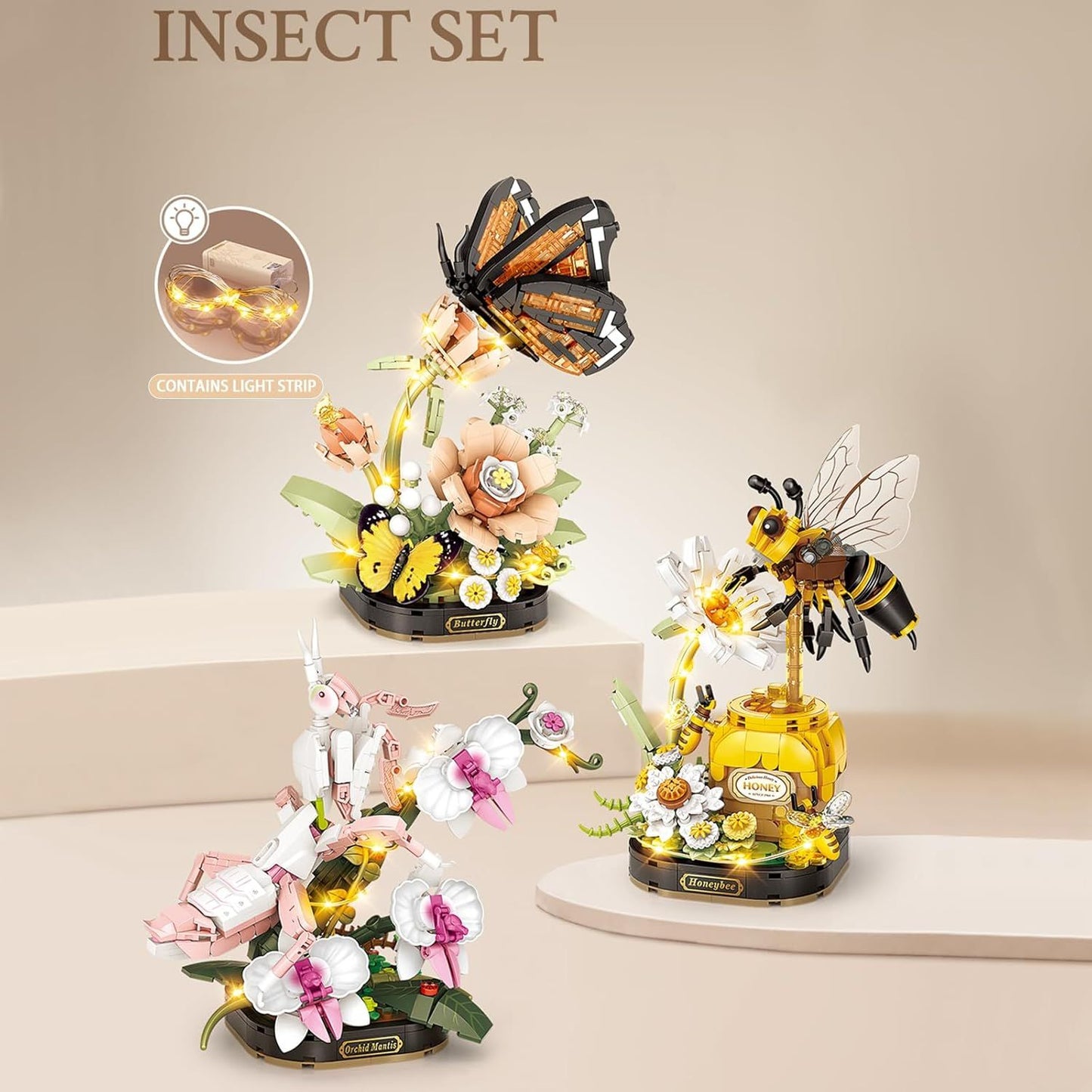 Insect Flower Building Blocks Set,Colorful Construction Building Bricks Toy with a Science Popularization Card,Creative Home Decoration (Honeybee)
