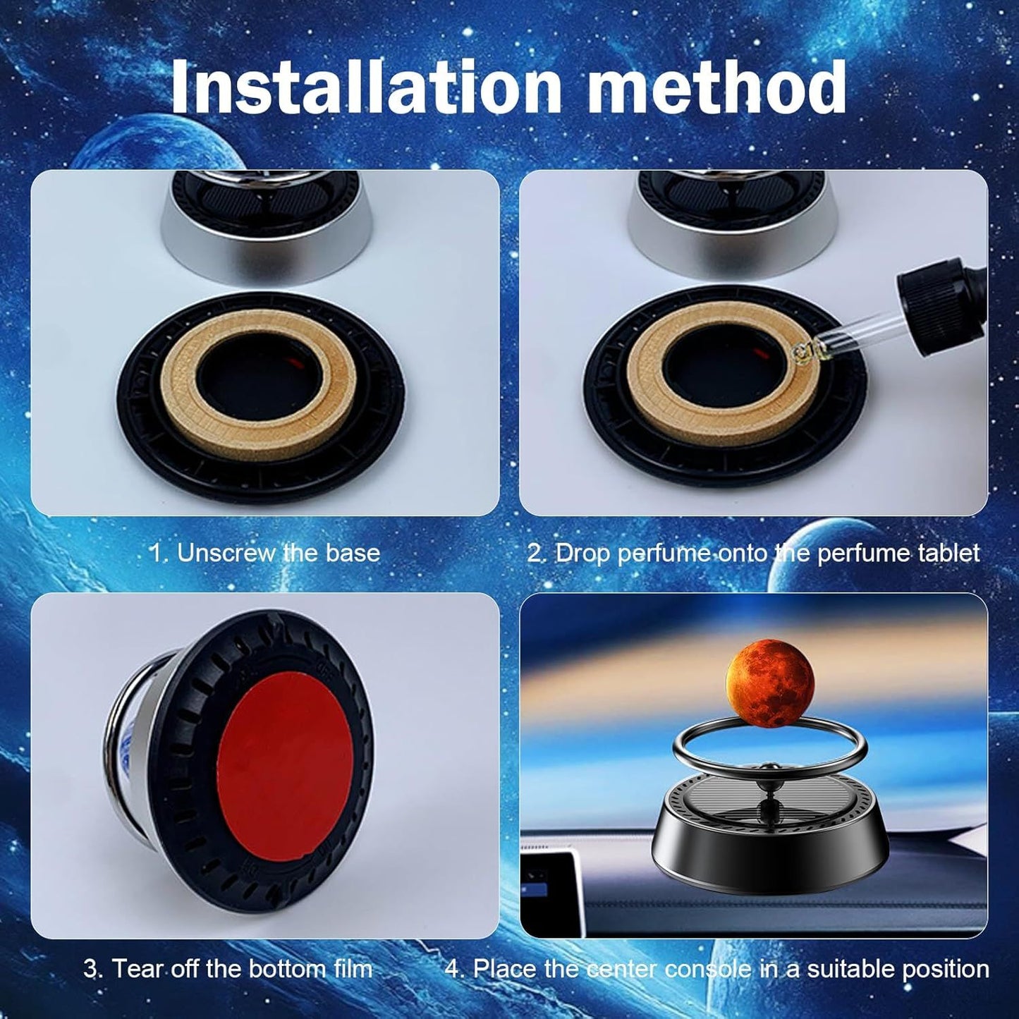 Solar Powered Levitating Mars Car Air Diffuser, Automatic Rotation Planet Dashboard Decorations, Self-adhesive Alloy Base, Suitable for Cars Home Decorations Gift Selections (Mars)