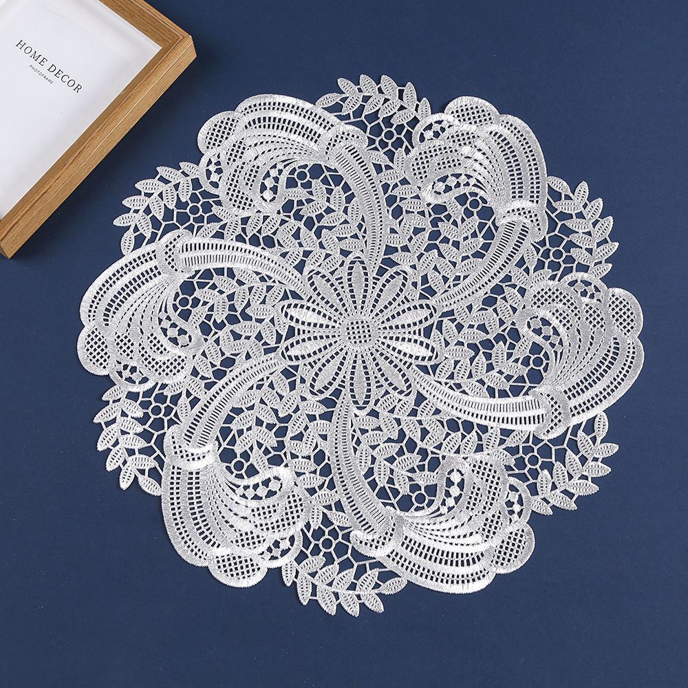 Embroidered Heat Insulation Placemat 6-Pack - Hollow Round PVC Table Mat with Lace Design - Anti-Slip Oil Proof Dining Mat for Kitchen Restaurant - Silver 39cm
