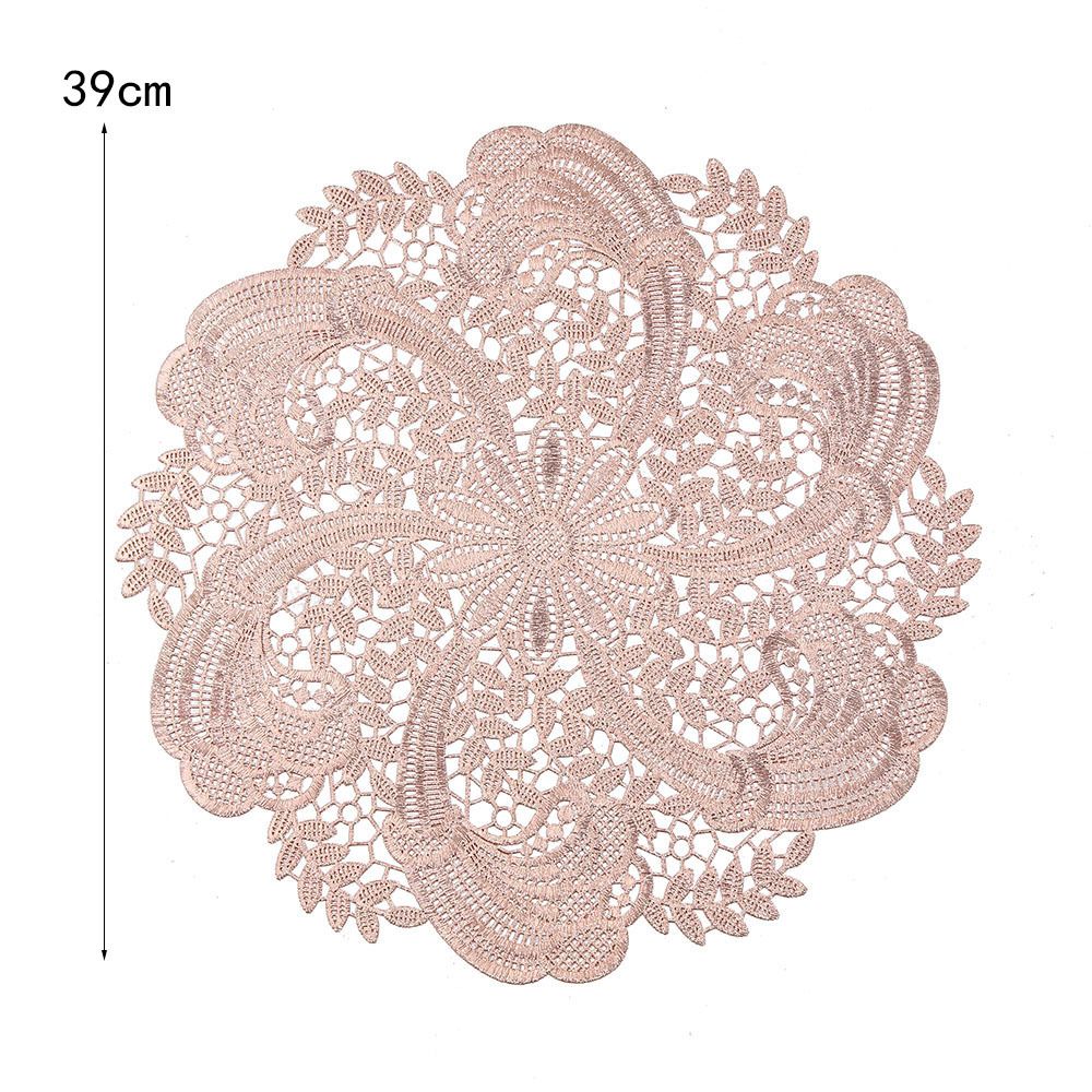 Embroidered Heat Insulation Placemat 6-Pack - Hollow Round PVC Table Mat with Lace Design - Anti-Slip Oil Proof Dining Mat for Kitchen Restaurant - Silver 39cm
