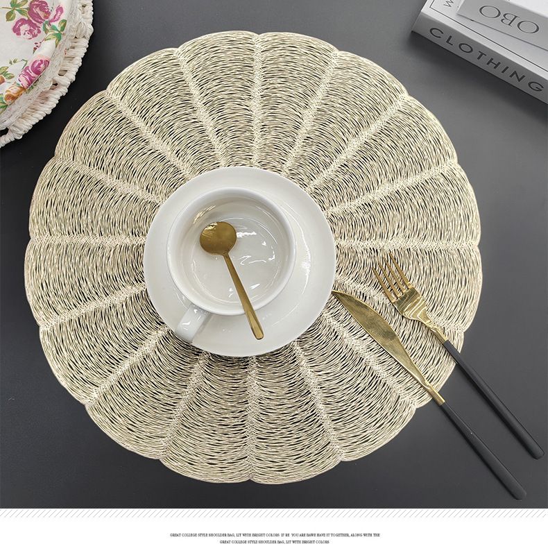 Embroidered Heat Insulation Placemat 6-Pack - Hollow Round PVC Table Mat with Lace Design - Anti-Slip Oil Proof Dining Mat for Kitchen Restaurant - Gold 38cm