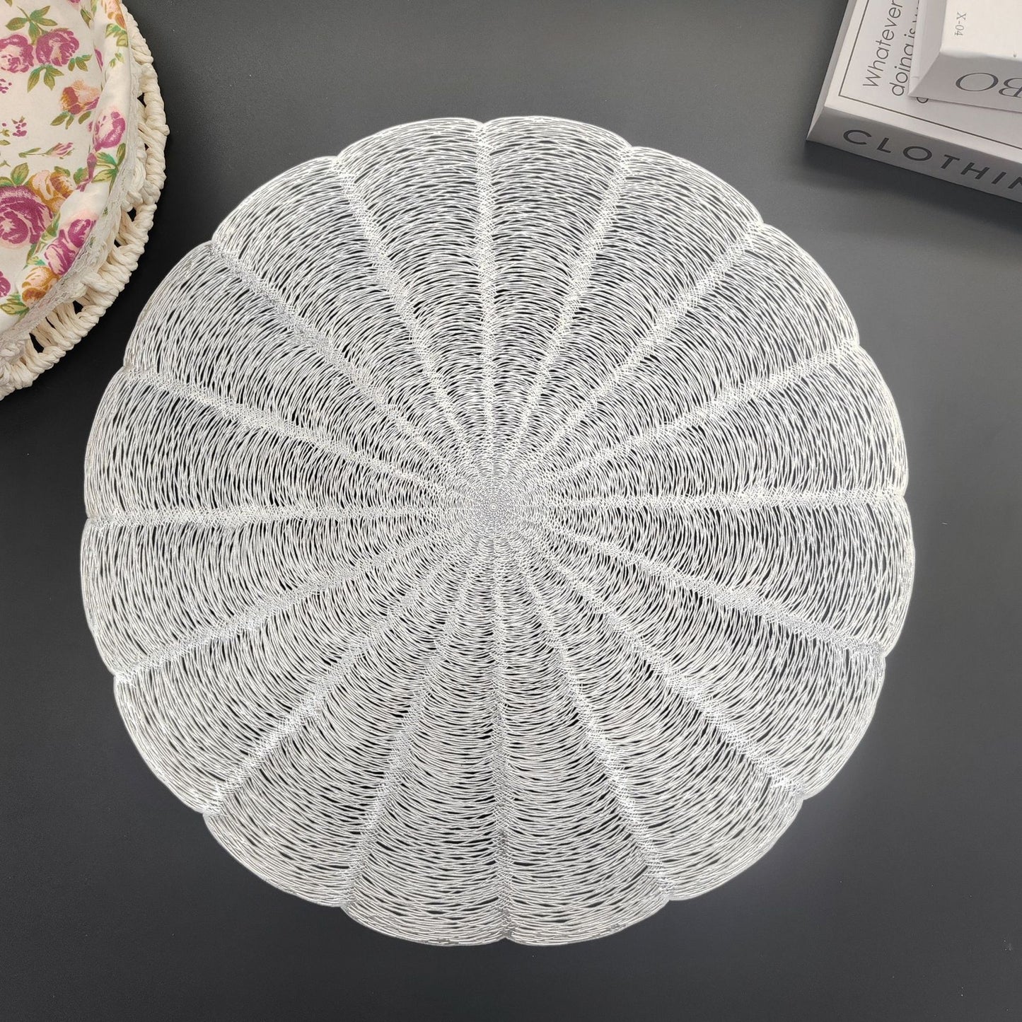 Embroidered Heat Insulation Placemat 6-Pack - Hollow Round PVC Table Mat with Lace Design - Anti-Slip Oil Proof Dining Mat for Kitchen Restaurant - Silver 38cm