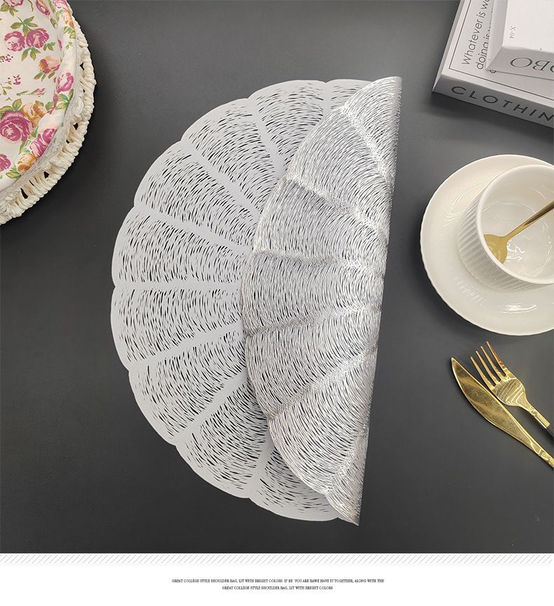 Embroidered Heat Insulation Placemat 6-Pack - Hollow Round PVC Table Mat with Lace Design - Anti-Slip Oil Proof Dining Mat for Kitchen Restaurant - Silver 38cm