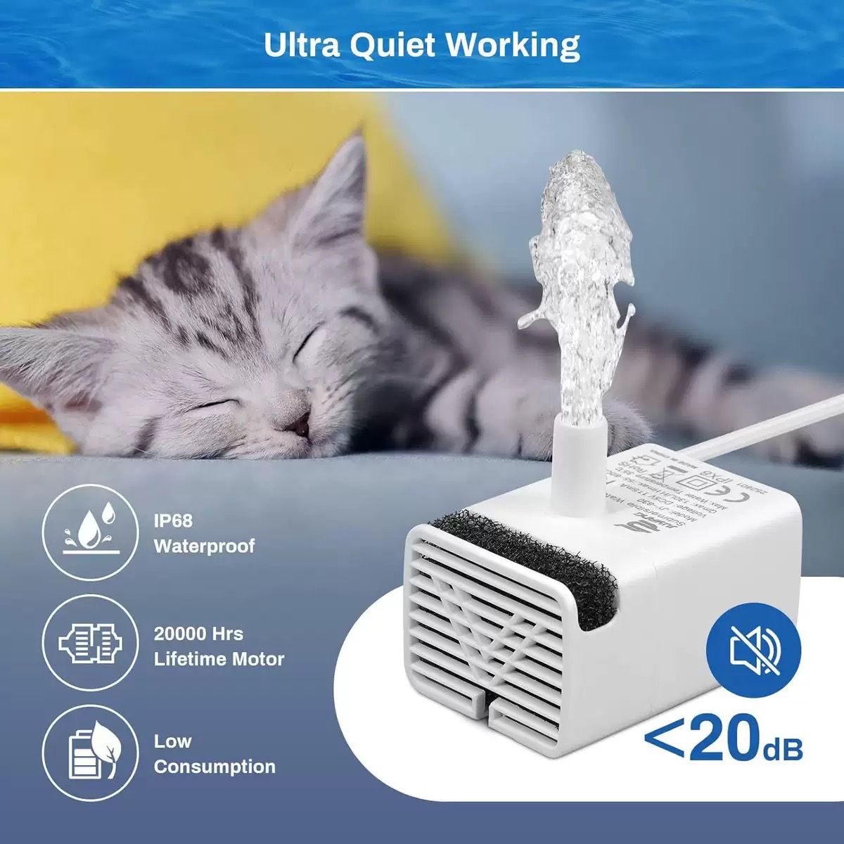 Replacement Water Pump for Pet Water Fountain - JY-830 Quiet Submersible Pump for Cat Dog Drinking Fountain - 5V USB Pump