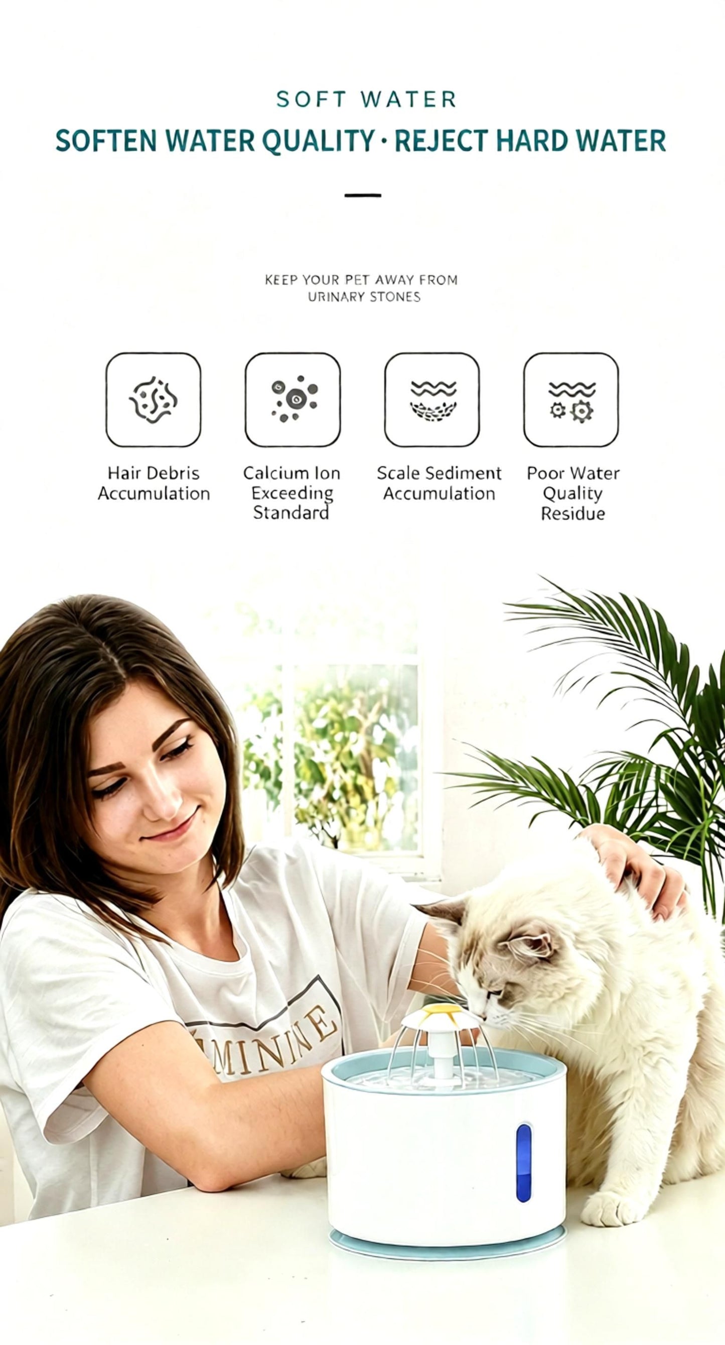 2.4L Pet Water Fountain - USB Powered Cat Water Dispenser with Filter and Flower Spout - Plastic Drinking Bowl for Dogs Cats - Blue