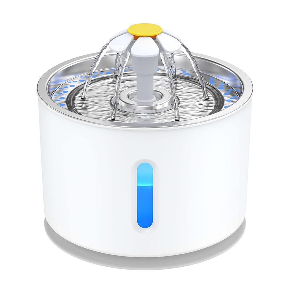 2.4L Pet Water Fountain - USB Powered Cat Water Dispenser with Filter and Flower Spout - Stainless Steel Drinking Bowl for Dogs Cats - Gray