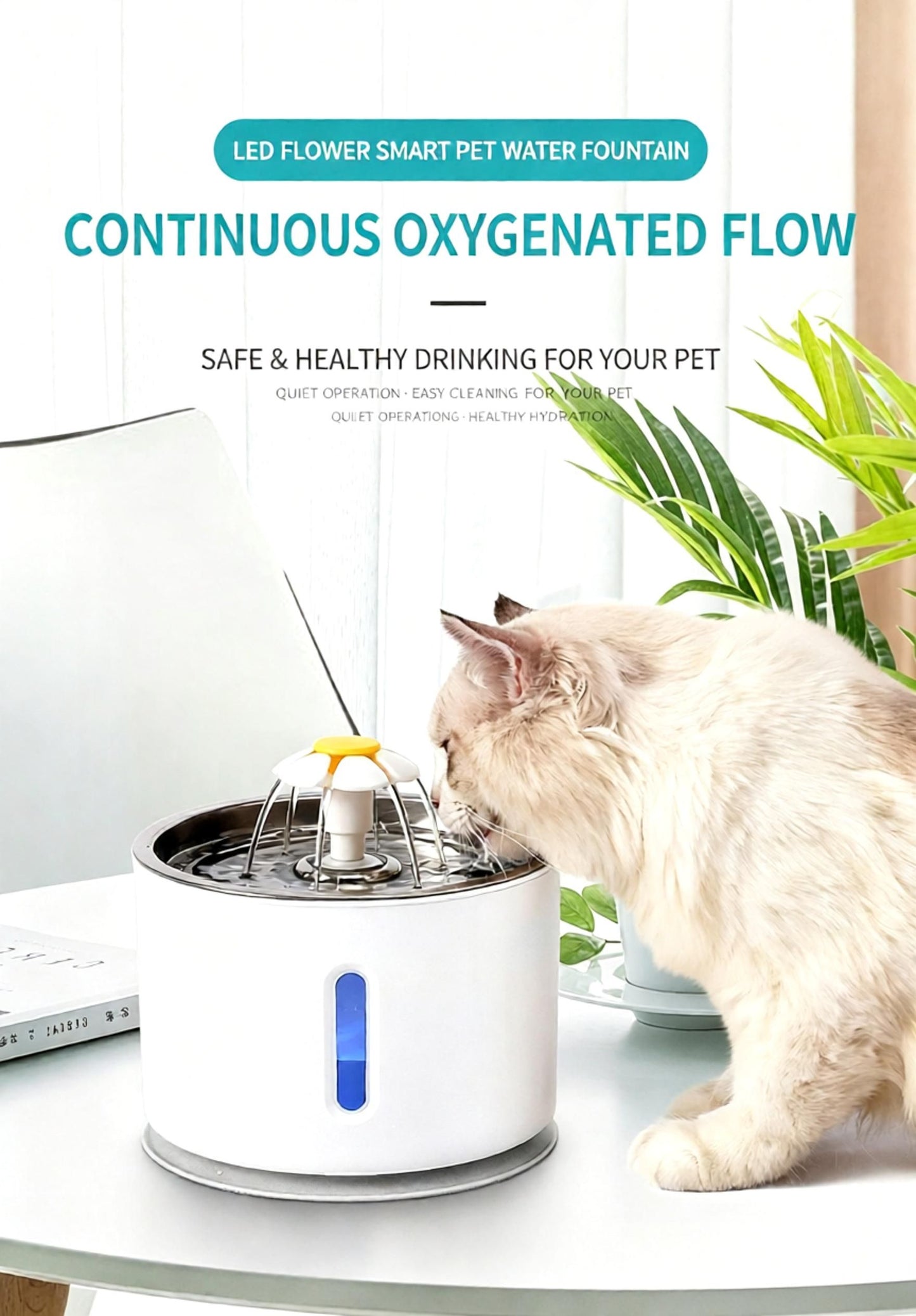 2.4L Pet Water Fountain - USB Powered Cat Water Dispenser with Filter and Flower Spout - Stainless Steel Drinking Bowl for Dogs Cats - Gray