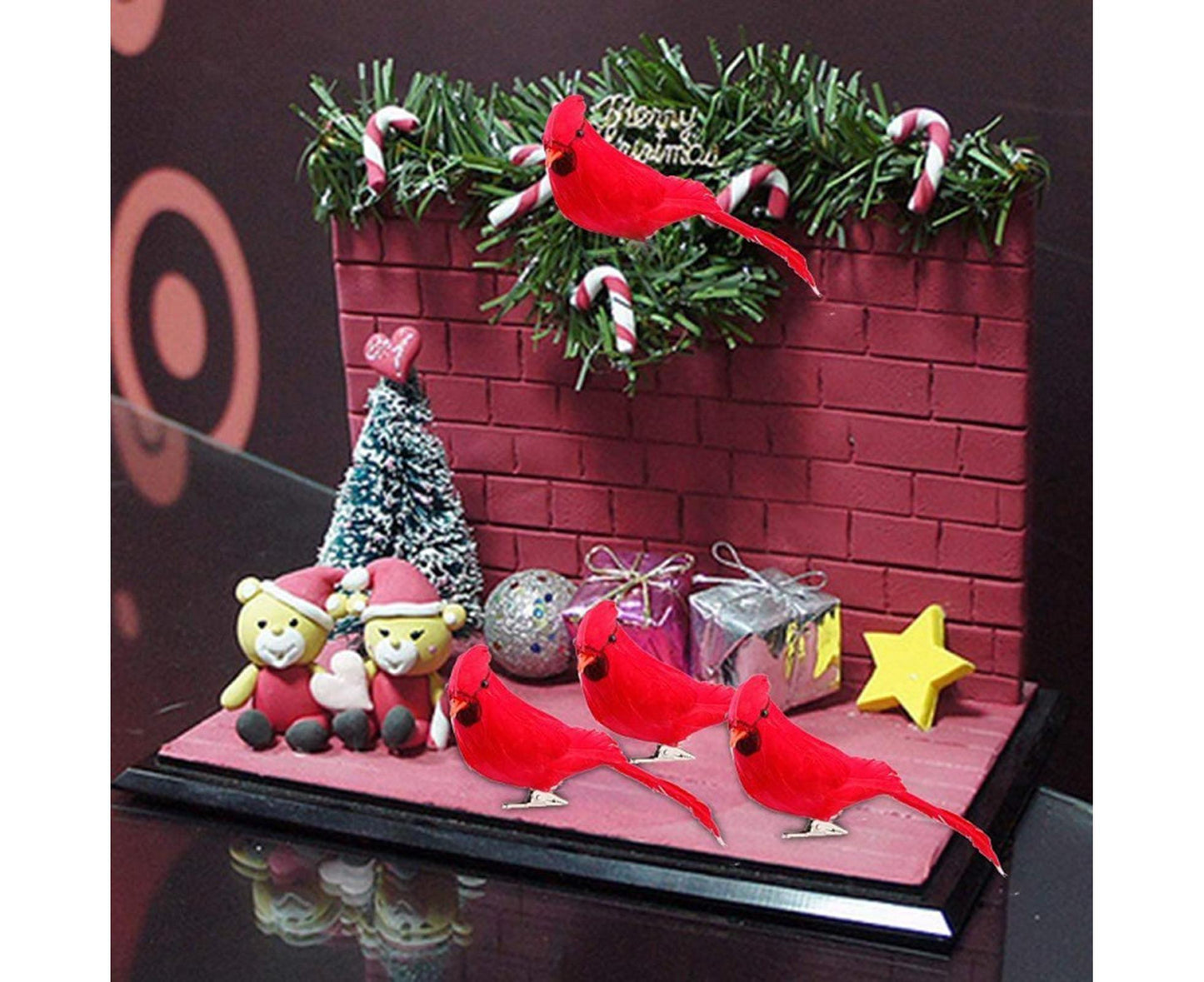 6/12Pcs Christmas Bird Clip Red Feather Artificial Birds-Red 1