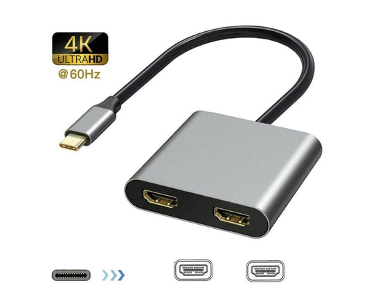 2 in1 Type C to Dual HDMI-compatible Adapter 4K Cable Cord 60HZ High Clarity Converter for Macbook Grey