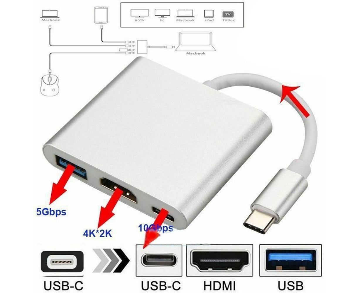 3 in 1 Portable Type-C Male to USB-C USB 3.0 4K HDMI-compatible Female Hub Adapter Cable Grey