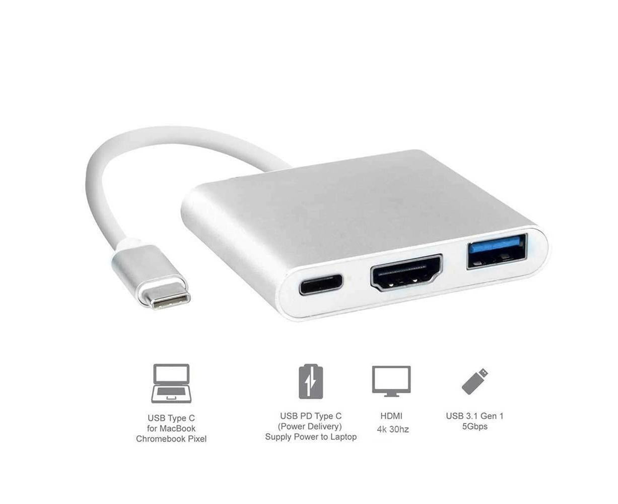 3 in 1 Portable Type-C Male to USB-C USB 3.0 4K HDMI-compatible Female Hub Adapter Cable Grey