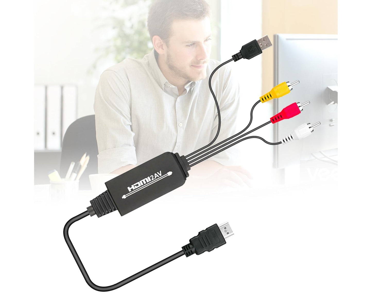 AV Adapter Plug and Play High Speed ABS HDMI-compatible to 3 RCA Converter for Computer Black