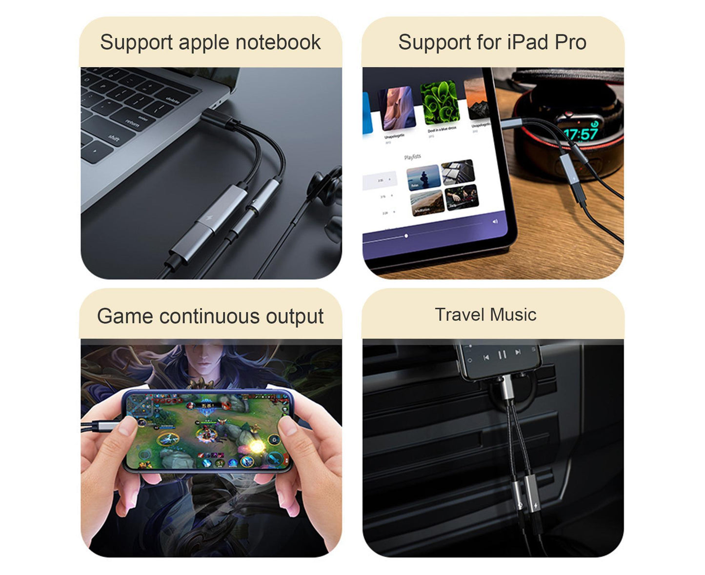 Converter Cable Multifunctional Noise Reduction Braided 2 in 1 Type-C to 3.5mm PD60W Converter Wire for Smartphone Silver Gray