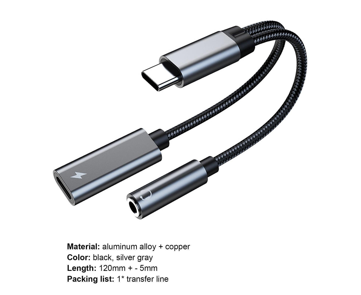 Converter Cable Multifunctional Noise Reduction Braided 2 in 1 Type-C to 3.5mm PD60W Converter Wire for Smartphone Silver Gray