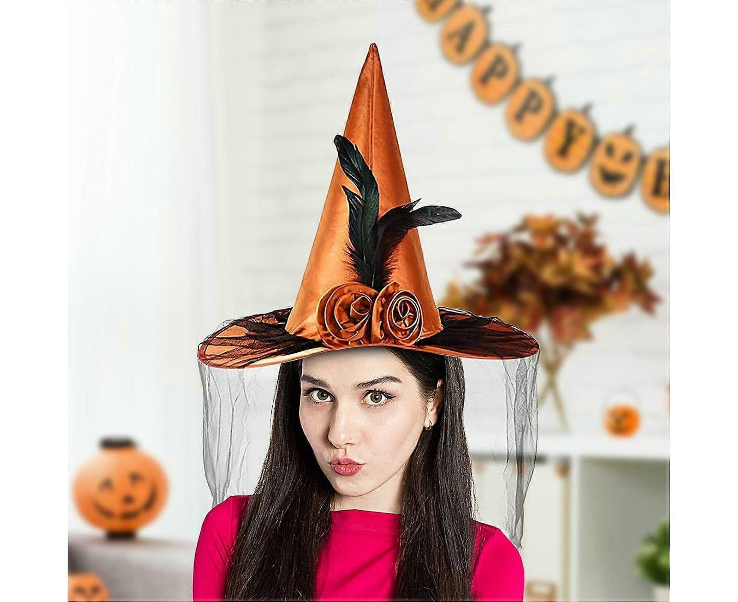 Witches Hats for Women, Cosplay Hats Halloween Hat, Wide Brim Hat, Hats with Half Veil