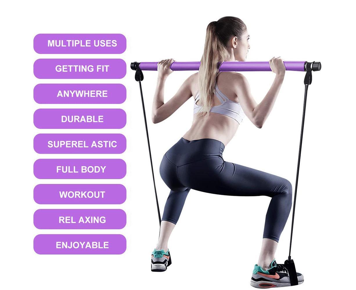 Pilates Exercise Stick Kit,Portable Compact 3-Section Yoga Resistance Bands for Legs and Butt, Pilates Bar with Foot Strap for Full Body Workout - Purple