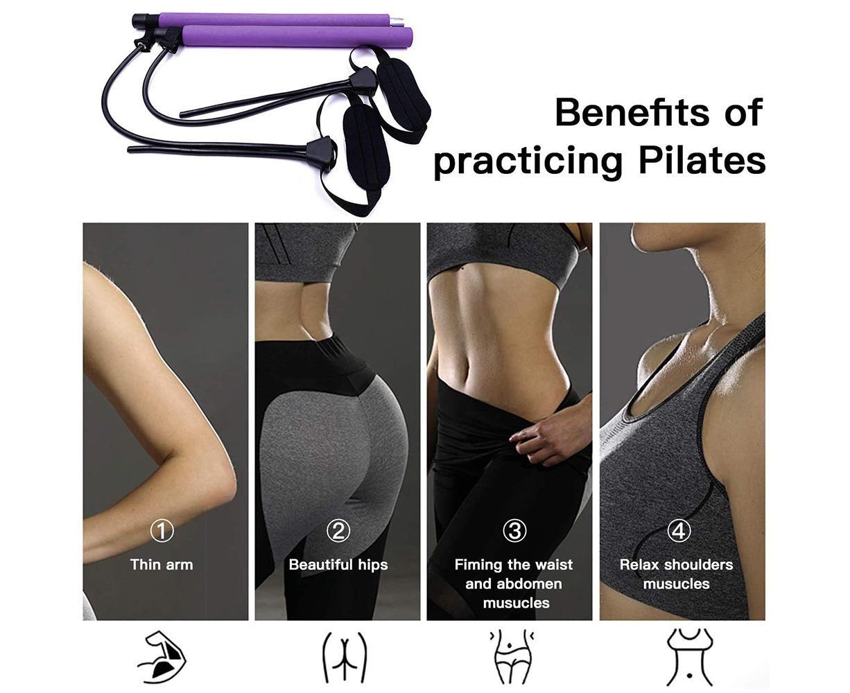 Pilates Exercise Stick Kit,Portable Compact 3-Section Yoga Resistance Bands for Legs and Butt, Pilates Bar with Foot Strap for Full Body Workout - Purple