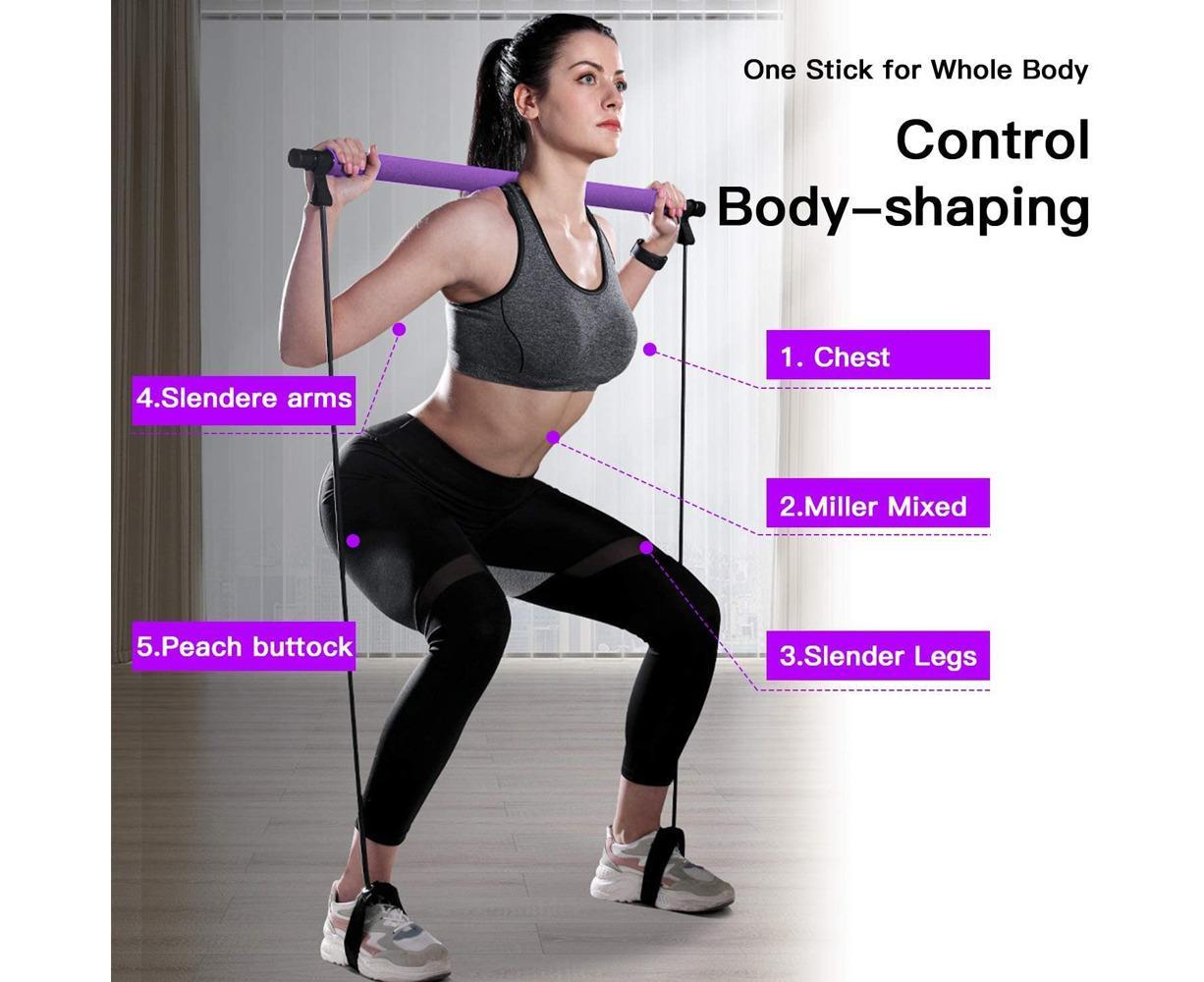 Pilates Exercise Stick Kit,Portable Compact 3-Section Yoga Resistance Bands for Legs and Butt, Pilates Bar with Foot Strap for Full Body Workout - Purple