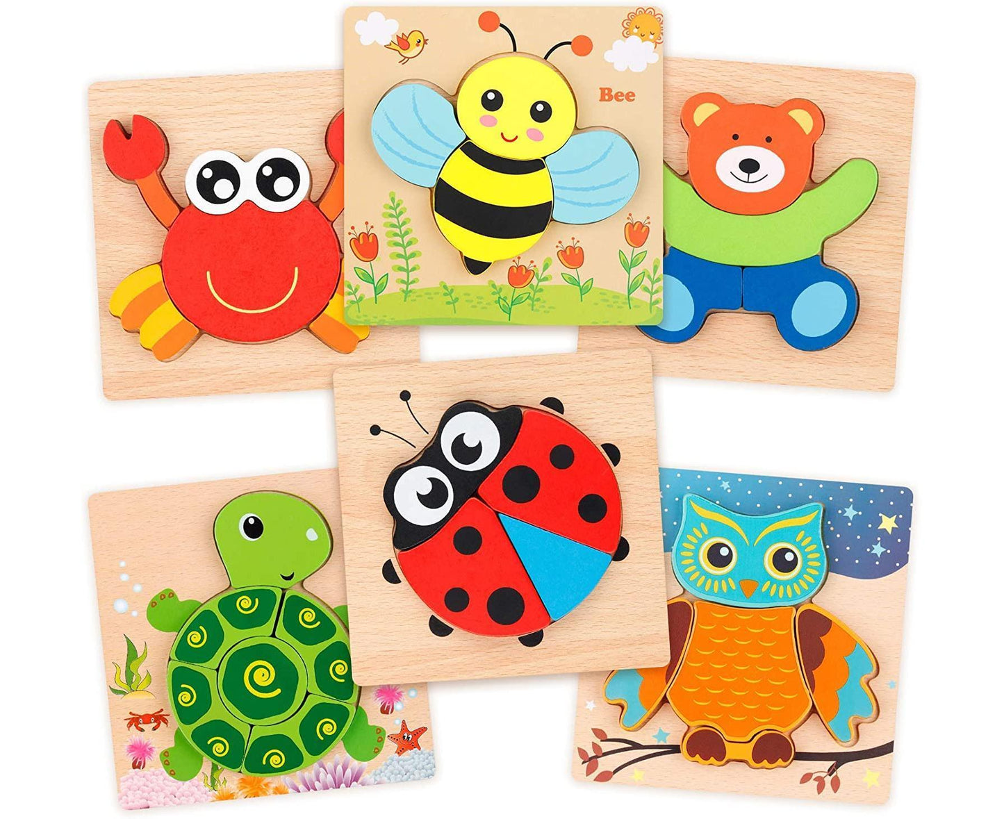 Wooden Jigsaw Puzzle Set, 6 Pack Animal Shape Color Montessori Toy, Fine Motor Skill Early Learning Gift