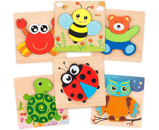 Wooden Jigsaw Puzzle Set, 6 Pack Animal Shape Color Montessori Toy, Fine Motor Skill Early Learning Gift
