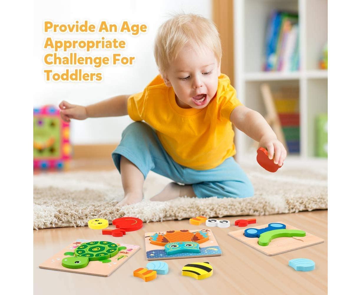 Wooden Jigsaw Puzzle Set, 6 Pack Animal Shape Color Montessori Toy, Fine Motor Skill Early Learning Gift