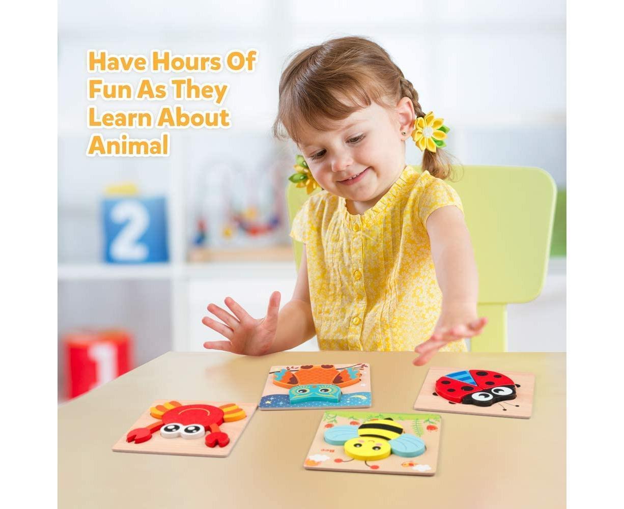 Wooden Jigsaw Puzzle Set, 6 Pack Animal Shape Color Montessori Toy, Fine Motor Skill Early Learning Gift