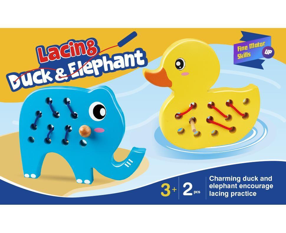 Wooden Lacing Duck And Elephant, 2Pcs Animals Fine Motor Skills Threading Toys, Airplane Car Travel Game Montessori Cognition Preschool Puzzle Gift For Yea