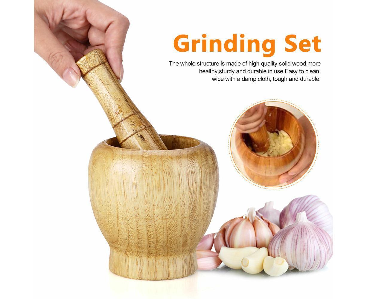 Kitchen Hand Manual Wood Garlic Ginger Spices Mortar Pestle Set Grinding Bowl Grinder