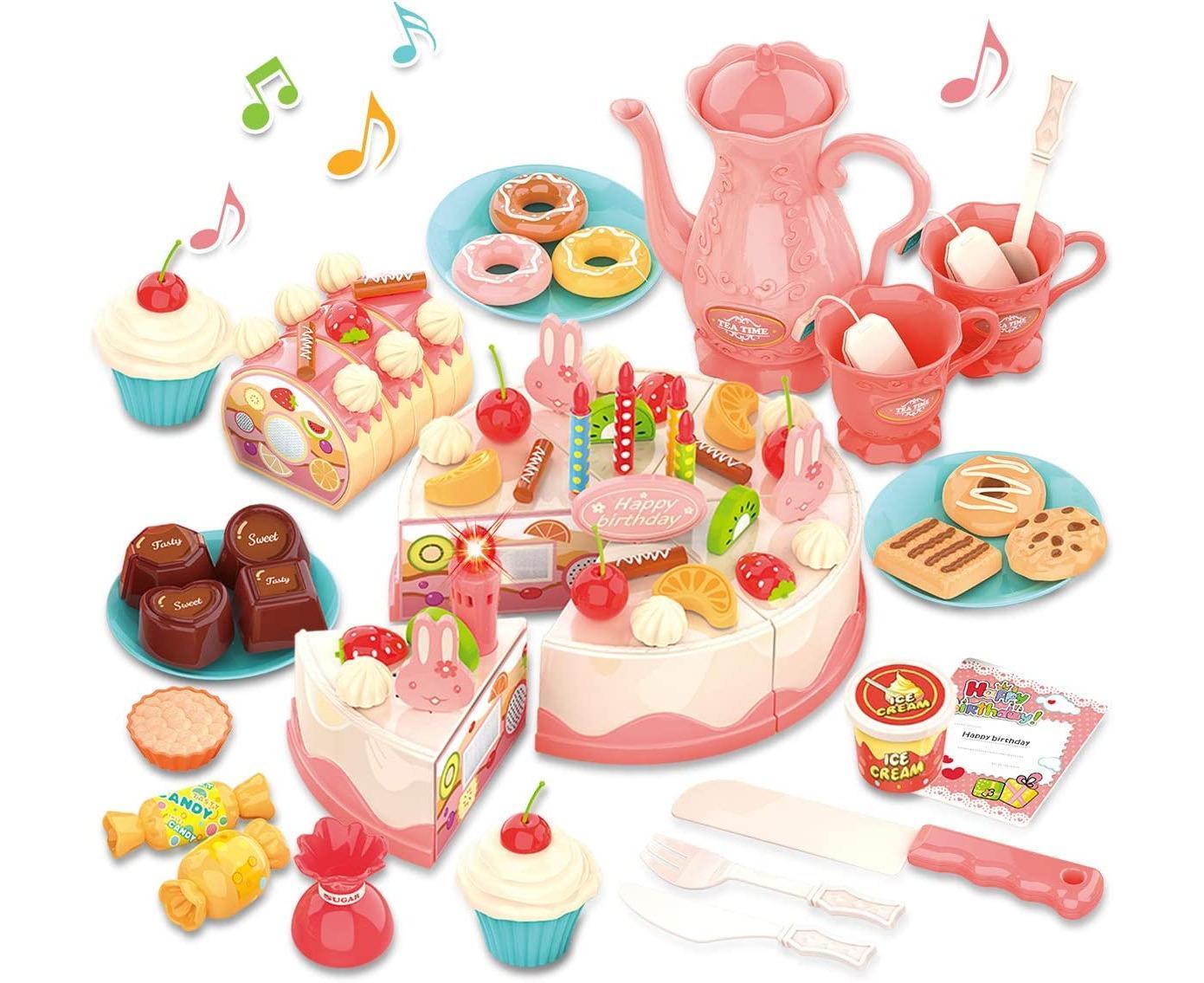 Birthday Cake Toy with Lights & Birthday Music, Pretend Play Cutting Food Kitchen Toy with Tea Set Bread Roll, Chocolate, Sandy & Dessert, Gift for Girls