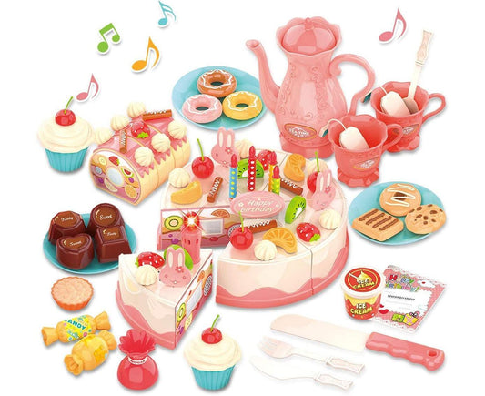 Birthday Cake Toy with Lights & Birthday Music, Pretend Play Cutting Food Kitchen Toy with Tea Set Bread Roll, Chocolate, Sandy & Dessert, Gift for Girls