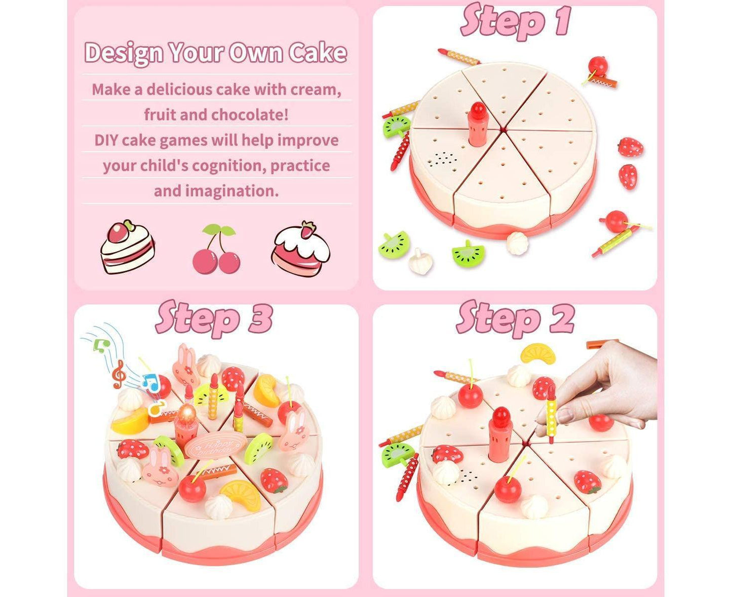 Birthday Cake Toy with Lights & Birthday Music, Pretend Play Cutting Food Kitchen Toy with Tea Set Bread Roll, Chocolate, Sandy & Dessert, Gift for Girls