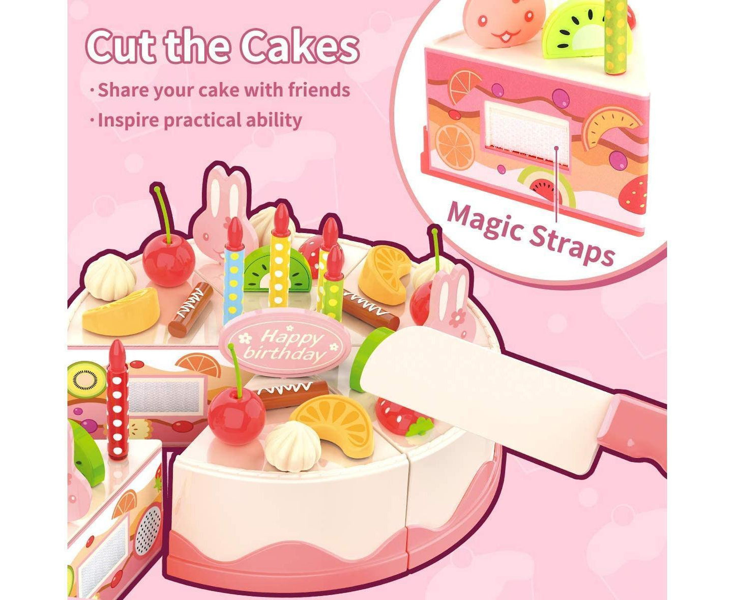 Birthday Cake Toy with Lights & Birthday Music, Pretend Play Cutting Food Kitchen Toy with Tea Set Bread Roll, Chocolate, Sandy & Dessert, Gift for Girls