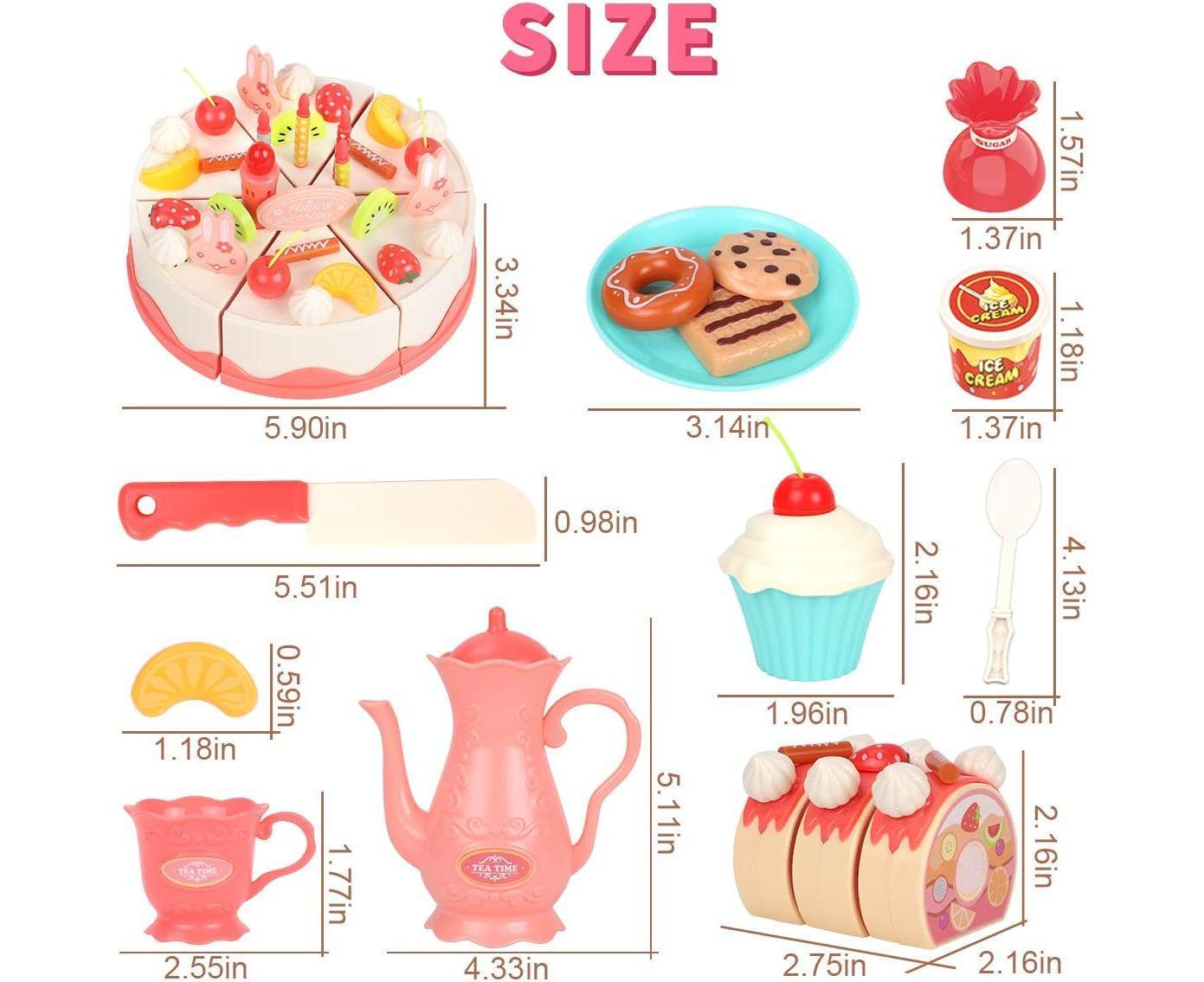 Birthday Cake Toy with Lights & Birthday Music, Pretend Play Cutting Food Kitchen Toy with Tea Set Bread Roll, Chocolate, Sandy & Dessert, Gift for Girls