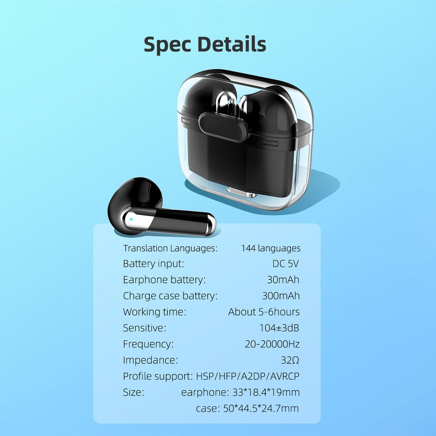 Language Translator Earbuds Bluetooth 5.3 Support 144 Languages Wireless Translator Earphone with Transparent Case Black