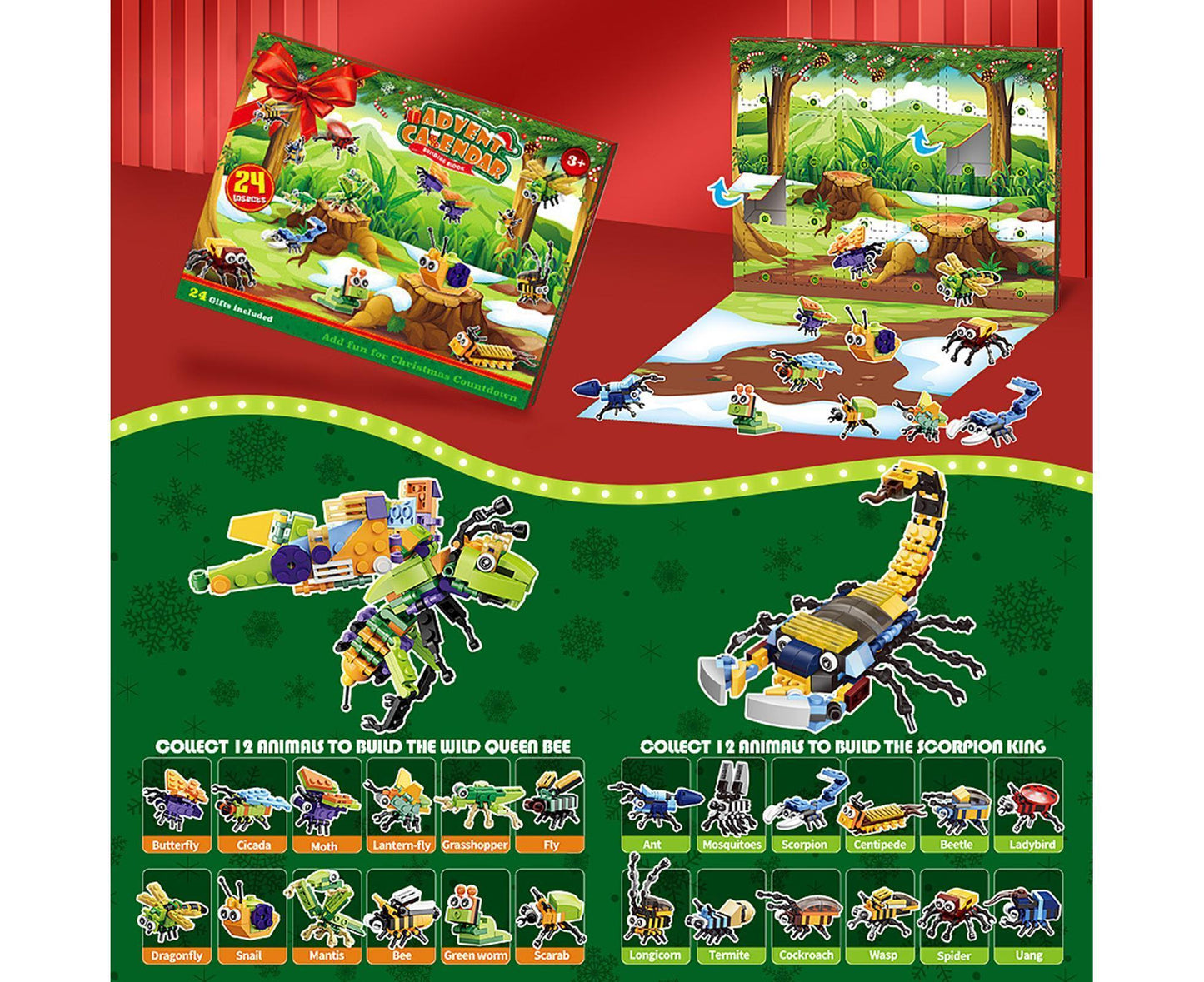 Christmas 24-piece Countdown Surprise Blind Box Insect Combination Boy and Girl's Assembly Small Particle Building Block Toys