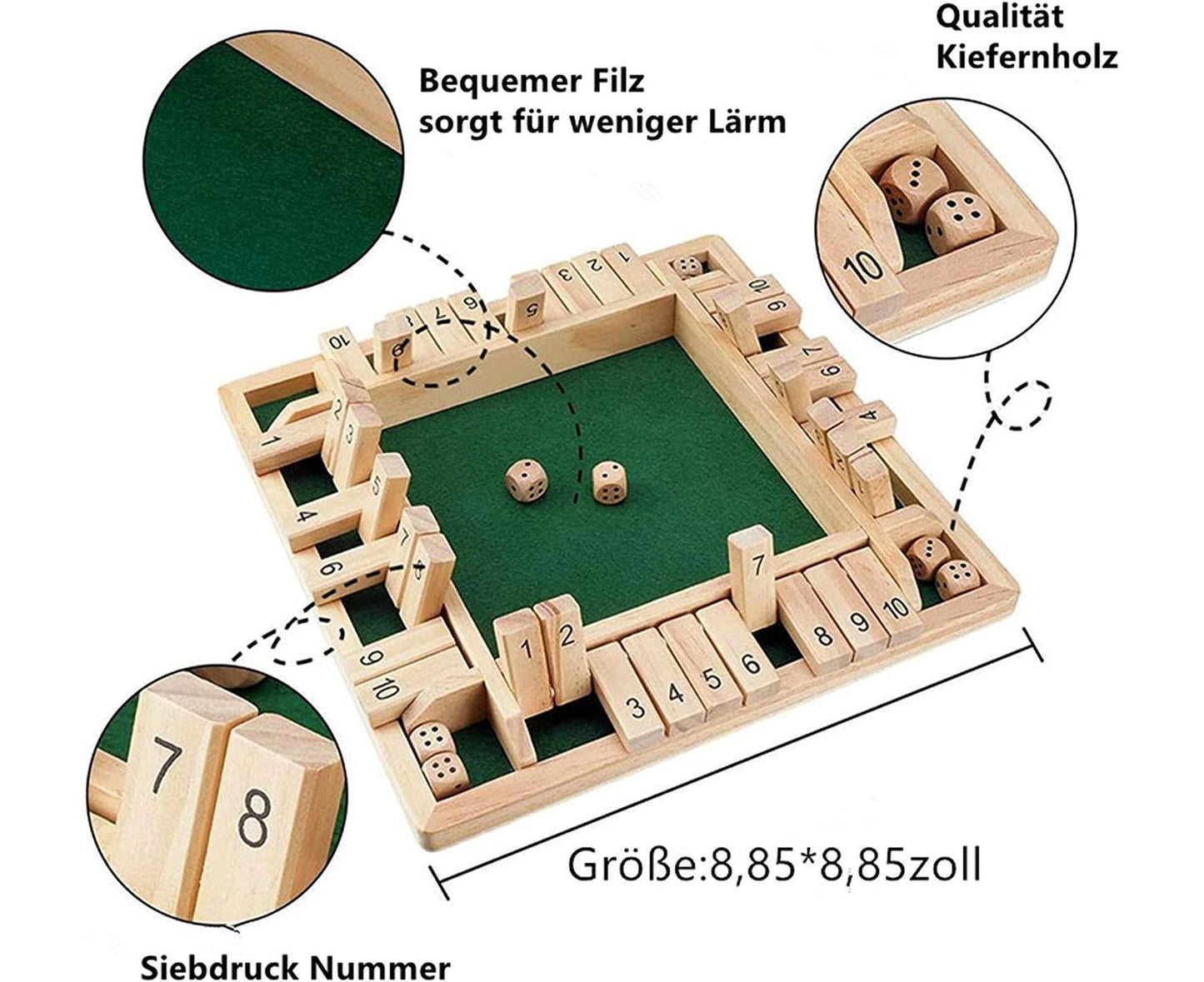 Wooden Board Game, 4 Players Shut The Box Dice Game Mathematics Traditional Pub Board Dice Game Travel board game