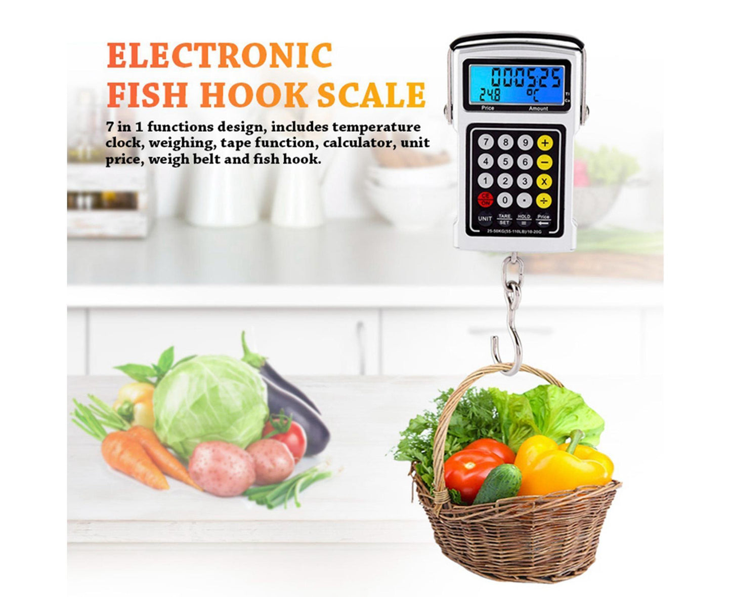 Electronic Fish Hook Scale 50Kg Luggage Weighing 7 in 1 Digital Hanging Scales