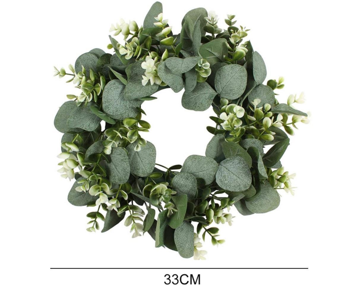 Artificial Eucalyptus Wreath for Front Door, Spring Summer Green Leaf Wreath for Farmhouse Wall Wedding Decor - Green - 33CM